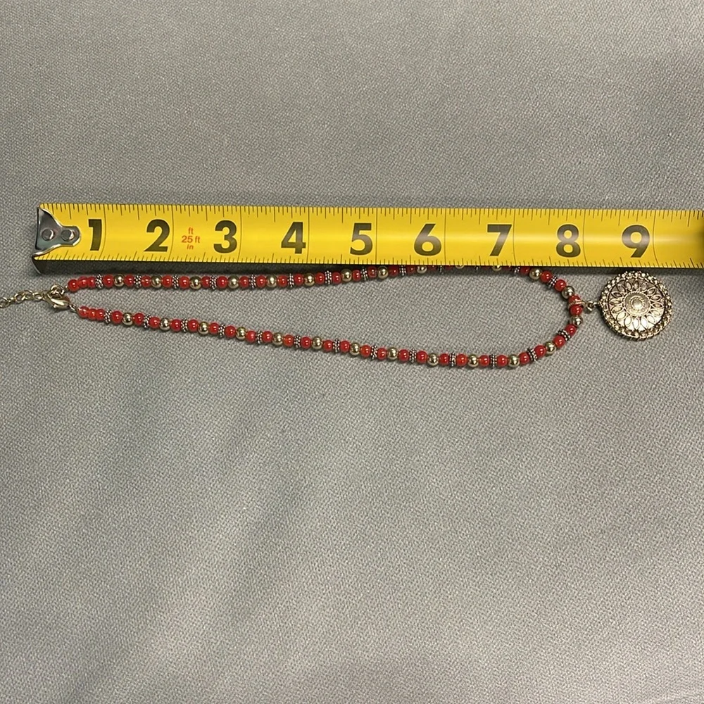 VINTAGE NAPIER CORNELIAN RED BEADS & GOLD TONE BEADS SUNDIAL MEDALLION NECKLACE - Picture 8 of 12